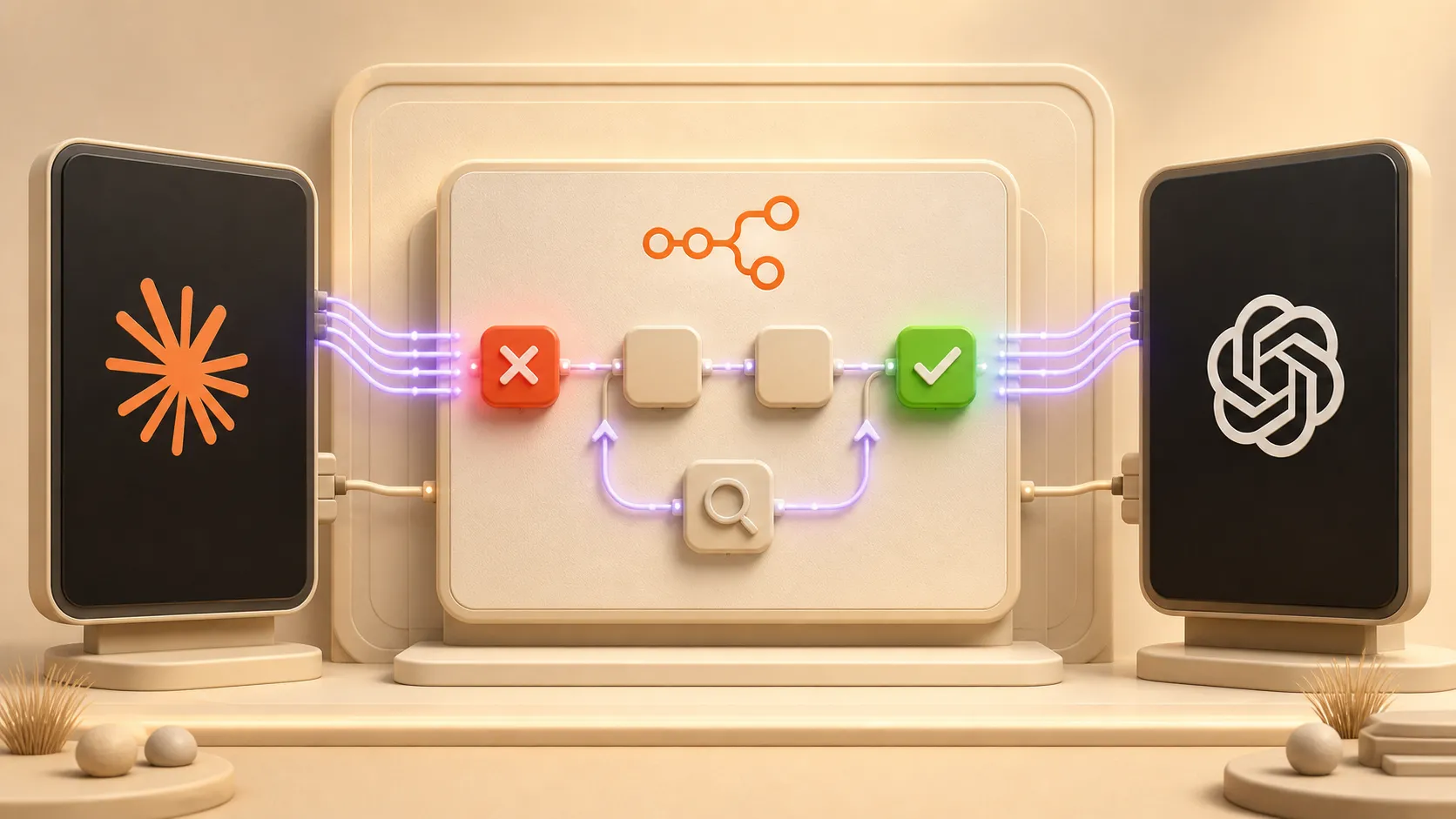 Deux terminaux d’agents IA reliés à un workflow n8n qui passe d’une erreur à une validation